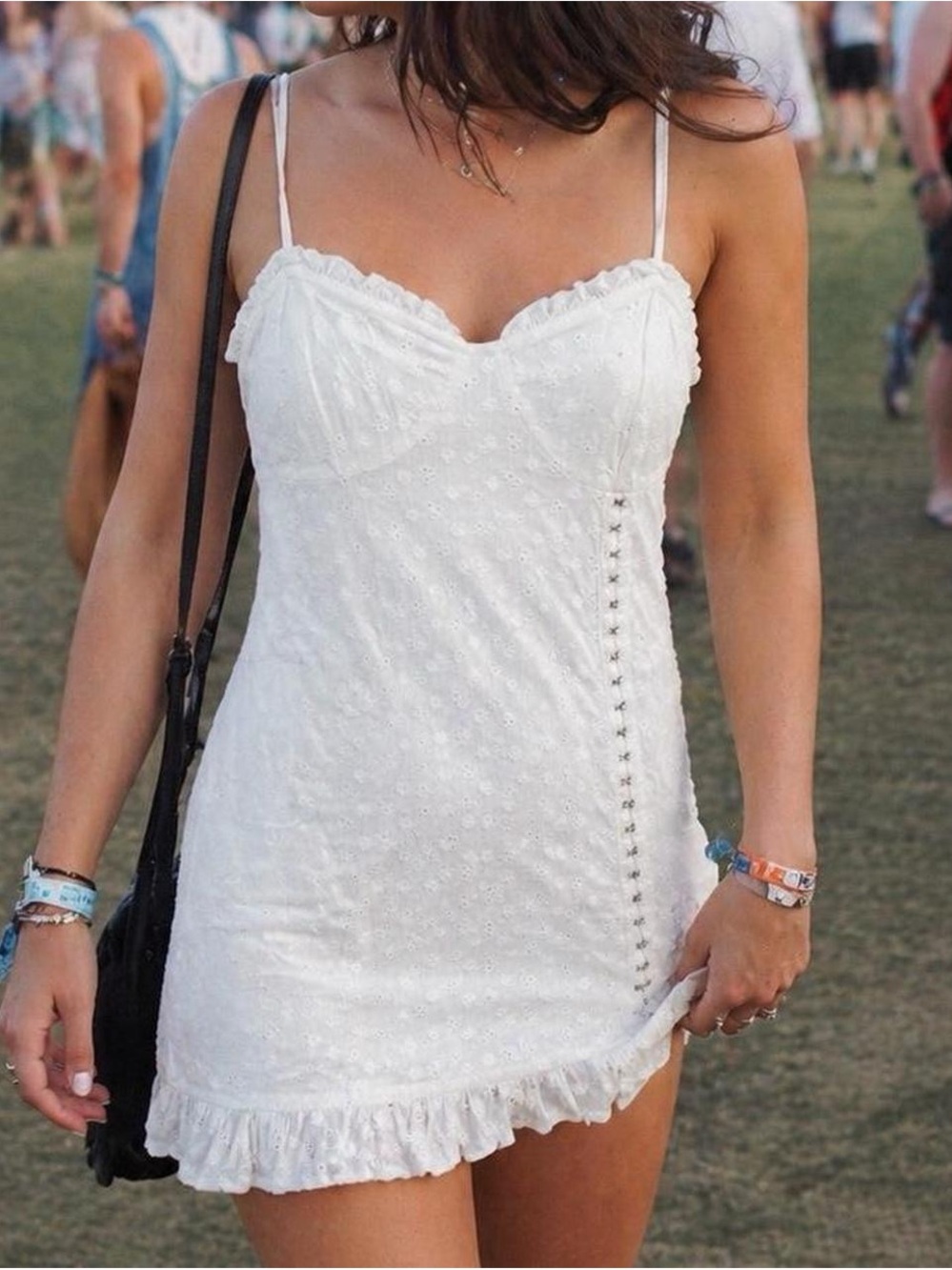White Eyelet Corset Mini Dress Coquette Cottagecore Adjustable Straps L